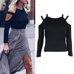 Women's T Shirts Women Long Sleeve Cold Shoulder Bandage Fit Knitted Crop Tops Shirt Blouse N7YF