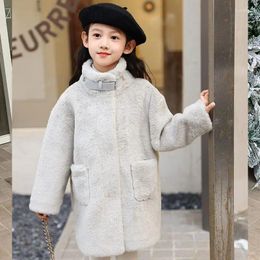 Jackets Girl Top Autumn Winter Korean Fashion Style Faux Fur Coat Solid Thick Fleece Mid Length Children Outerwear