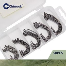 Chinook 50pcs Wide worm hook Carbon Steel Offset Fishhook Bass Barbed Carp Fishing Hook 302 For Soft Worm Jig Mould Hooks 240522
