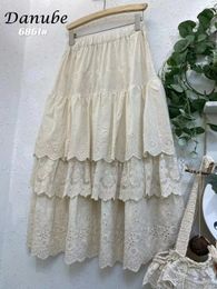 Vintage Multilay Lace Ruffle Cotton Linen Cake Skirt Women Japanese Kawaii Patchwork High Waist A Line Pleated Long Female 240516