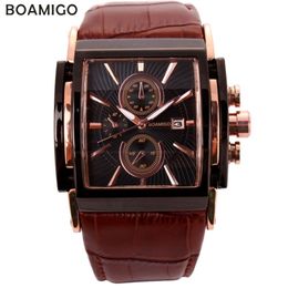 Boamigo Men Quartz Watches Large Dial Fashion Casual Sports Watches Rose Gold Sub Dials Clock Brown Leather Male Wrist Watches Y1907060 3036