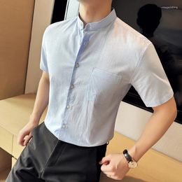 Men's Casual Shirts Summer Linen For Men Chinese Style Stand Collar Plain Color Short Sleeve Social Shirt Slim Fit Breathable 4XL-M