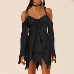 Casual Dresses Y2k Hollow Folds Mini Long Sleeve Dress Women Spaghetti Strap Suspender Skirt Backless Irregular Sexy Bodycon Black Club