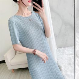 Party Dresses Miyake Pleated Dress Women 2024 Summer Skinny Short-sleeved Casual Folded Bottoming For Woman