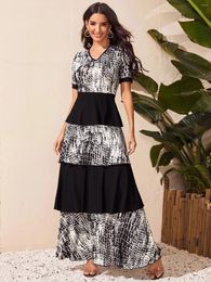 Ethnic Clothing 2024 Printed V-neck Cake Dress For Women Dubai Abaya Elegance Kaftan Femme Musulman Summer Short Sleeve Long Muslim