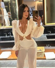 Long sleeved womens swimsuit deep V-neck thong 2PCS set with ski jumpsuit womens beach suit summer 2024 240516
