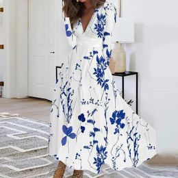 Casual Dresses Printed Dress Elegant Floral Print Maxi V-neck Long Sleeve High Waist A-line Gown Streetwear For Women With 3 Years