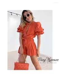 Work Dresses Women's Summer Fashion Solid Colour Set Stand Up Collar Stacked Sleeve Shirt Top High Waist Lace Straight Shorts Two Piece