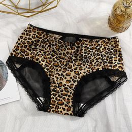 Women's Panties Underwear Ice Silk Leopard Print For Women Transparent Mid-rise Bow Lingerie Ladies