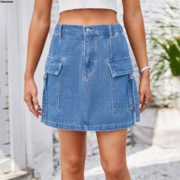 Skirts Stretchy Waist Cargo Skirt For Women Low Y2K Streetwear Button Mini Jean Cute Short Denim With Pockets