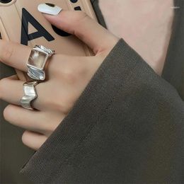 Cluster Rings 925 Stamp Silver Colour Moonstone For Women Girl Vintage Geometry Ins Colourful Stone Ring Adjustable Jewellery Drop