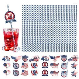 Disposable Cups Straws Patriotic 24PCS Red White And Blue Independence Day Decorations Drinking Straw Set Food Grade Paper For Fourth Of