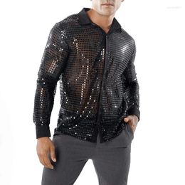 Men's Casual Shirts Mens Sheer Sequins Shirt Long Sleeve Turn Down Collar Button Dot Luxury Disco Party Blouse Tops