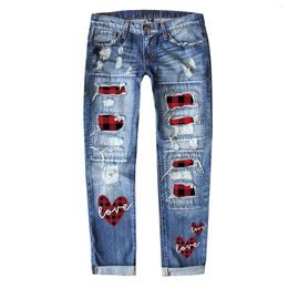 Women's Jeans Jean Pants For Women Cut Up Denim Knit Leggings Women's Autumn And Winter Valentine's Day Printed Hole High Waist