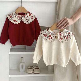 Hösten nyfödd stickkläder stickning av tröjor toppar stor blommig krage baby flicka barn tröjor bomull l2405