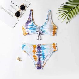 Two-Pieces Womens Swimwear Tie dye girl swimsuit childrens tie front bikini 7-16 year old childrens graffiti swimsuit youth apron swimsuit summer beach suit WX5.22