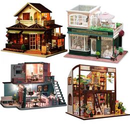 Doll House Accessories Diy Wooden Doll Houses Coffee Shop Casa Minor Building Kits with Furniture Led Lights Villa Toys for Adults Birthday Gifts Q240522