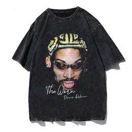 Men's T-Shirts Hip Hop Street Clothing Mens Dennis Rodman T-shirt Rap Singer Print T-shirt Wash Short Sleeve Harajuku T-shirt Portrait Graphics J240523