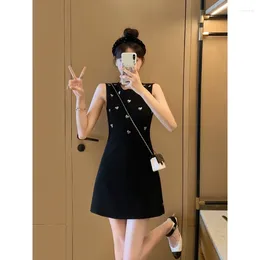 Casual Dresses Women Temperament Light Luxury Party 2024 Spring Summer Sleeveless Knitted A-Line French Love Black Dress Girl Vintage