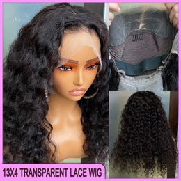 On Sale Malaysian Peruvian Brazilian Black Deep Wave 13x4 Transparent Lace Frontal Wig 100% Raw Virgin Remy Thick Human Hair Weaving