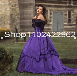 Party Dresses Purple Black Princess Victorian Gothic Prom With Fairy Long Sleeve Off Shoulder Lace-up Corset Cosplay Evening Gown