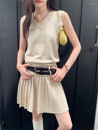 Work Dresses Alien Kitty Preppy Style Women Vintage Knitted Vest Slim Pleated Mini Skirts With Belt 2024 Summer Office Lady Chic Casual