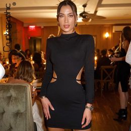 Cryptographic Sexy Backless Bandage Mini Dress Elegant Outfits for Women Party Club Long Sleeve Bodycon Dresses In Black Vestido 240513