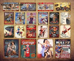 Retro Vintage Home Decor Garage Metal Signs Pin Up Girl Poster Car Motorcycle Plane Aircraft With Sexy Lady Wall Sticker YI05015173348