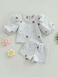 Clothing Sets Infant Baby Girl Floral Summer Outfit Puff Sleeve Flower Casual T-Shirt Tops Drawstring Bottoms Shorts Set (Grey 12-18 Months)
