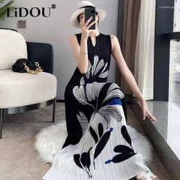 Casual Dresses Summer 2024 Elegant Fashion Ink Printed Pleated Tank Dress Ladies Sleeveless Temperament Maxi Robe Women's Clothing