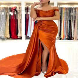 2022 Simple Sexy Off Shoulder Split Side High Orange Prom Dresses Cap Sleeve Plus Size Mermaid Evening Gowns 313s