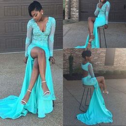 Turquoise Blue Prom Dresses Sexy Deep V Neck Lace Appliques Sheer Long Sleeves Evening Gowns Open Backless High Split Cocktail Party Dr 245F