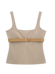 Women's Tanks Women Fashion With Belt Khaki Backless Side Zipper Tops Vintage Straps Square Collar Female Chic Lady Crop Top