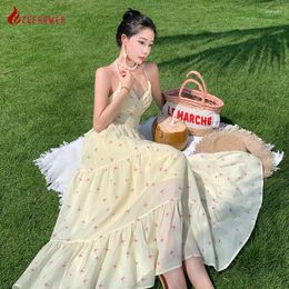 Casual Dresses 2024 Summer Fashion Sexy V-Neck Yellow Strap Print Backless Bow Bandage Elegant Party Long Dress Women Beach Holiday Waist