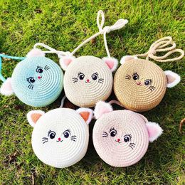 Handbags Summer Straw Bag Childrens Small Shoulder Bags Baby Girls Mini Coin Purses Cute Cat Kids Chest Crossbody Bags Cartoon Straw Hat Y240523