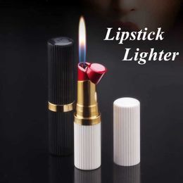 Lighters New womens lipstick lamp creative mini open flame inflatable lamp butane gas smoking accessories cute girl gift Q240522