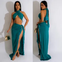 Work Dresses Summer Women Sexy Two Piece Set Outfits Elegant Bandage Crop Top High Waist Slit Tassel Maxi Skirt Suit Vacation