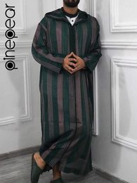 Ethnic Clothing PinePear Arab Men Hooded Green Striped Robe Muslim Jubba Thobe Islamic Kaftan Dubai Abaya Turkish Middle East