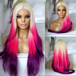AIMEYA Ombre Purple Synthetic Lace Front Wigs for Women Platinum Blonde Roots Pink Purple Wig Long Silky Straight Colourful Wigs 240523