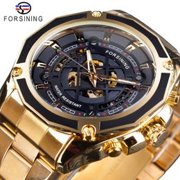 Forsining 3D Transparent Design Gold Stainless Steel Mens Automatic Skeleton Watch Top Brand Luxury Male Clock Montre Homme 293y