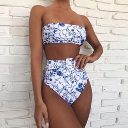 Women's Swimwear Women Swimsuit Sexy Solid Buckle BikiniPadded High Waiste Set Bkini Bathing Suit Summer Print Tankini