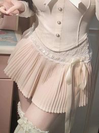 Skirts Pink Kawaii Bow Pleated Skirt Women Elastic Lace Korean Japanese Y2k Cake Female Strappy Party Mini 2204