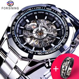 Forsining Watch Bracelet Set Combination Silver Stainless Steel Men's Skeleton Transparent Mechanical Male Wrist Watches Clock 2384