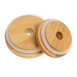 70mm/2.75inch 86mm/3.39inch Bamboo Lids Cap Reusable Mason Jar Lids Straw Hole Silicone Seal Glass Bottle Covers HW0144