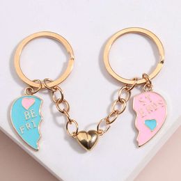 1Set(2Pcs) Cute Enamel Keychain Heart Best Friends Ring Magnetic Button Key Chains For Friendship Gifts DIY Handmade Jewellery