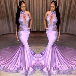 2019 New Sexy Light Purple Prom Dresses Keyhole Neck Lace Appliques Sequins Cutaway Sides Sweep Train Cheap Evening Party Homecoming Go 262k