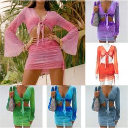 Work Dresses Sexy Two Piece Set Multi Color Tie Dye Mesh Crop Top Cardigan Mini Skirts Beach Wear Vacation Outfits Summer 2024