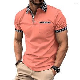 Men's Polos Summer Short Sleeve Turn-down Collar Contrast Color Striped Plaid Pullover Button Pockets T-shirt England Style Tops