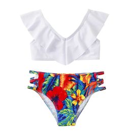 Two-Pieces Two-Pieces Girls pleated bikini two-piece swimsuit childrens printed shoulder swimsuit 7-12 year old youth swimsuit beach suit WX5.22