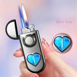 Lighters Metal Love Double Flame Butane Gas Lamp Creative LED Blue Light Transparent Gas Window Grinding Wheel Ignite Cigar Lamp Q240522